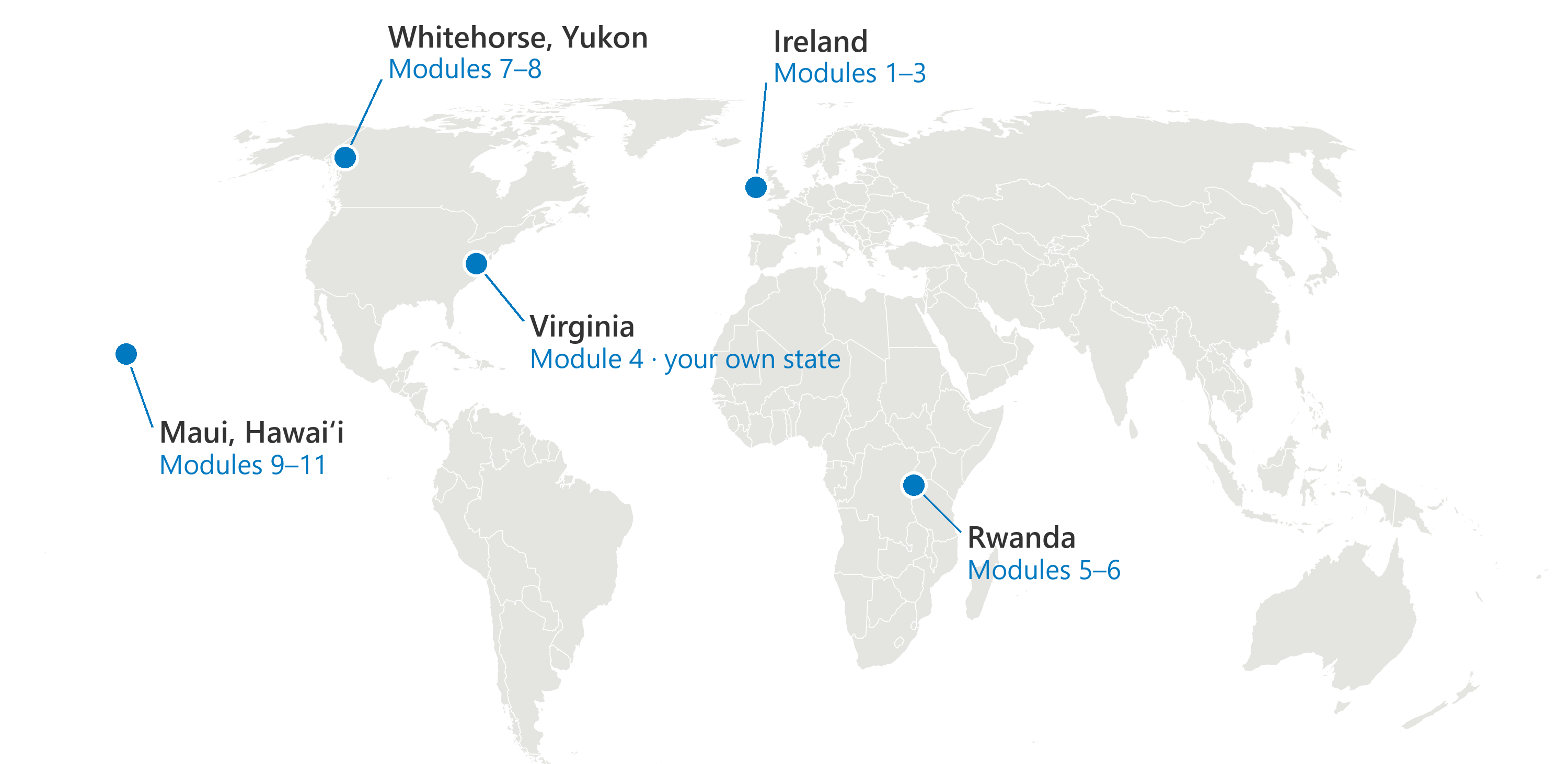 World map marking the five places the course works in, each labelled with its modules: Ireland (Modules 1 to 3), Virginia (Module 4, or your own US state), Rwanda (Modules 5 and 6), Whitehorse in the Yukon (Modules 7 and 8) and Maui, Hawaiʻi (Modules 9 to 11). It shows how the twelve modules move around the world as the ideas change.