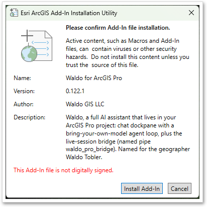 The ArcGIS Pro add-in installer, with the prompt to install Waldo.