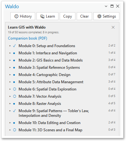 The Learn panel: every module of the course, each marked ○ not started, ● in progress or ✓ completed, with how many of its lessons are done.