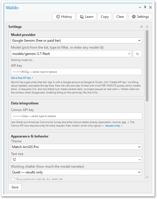 Waldo's Settings panel: the model provider, the model and the API key.