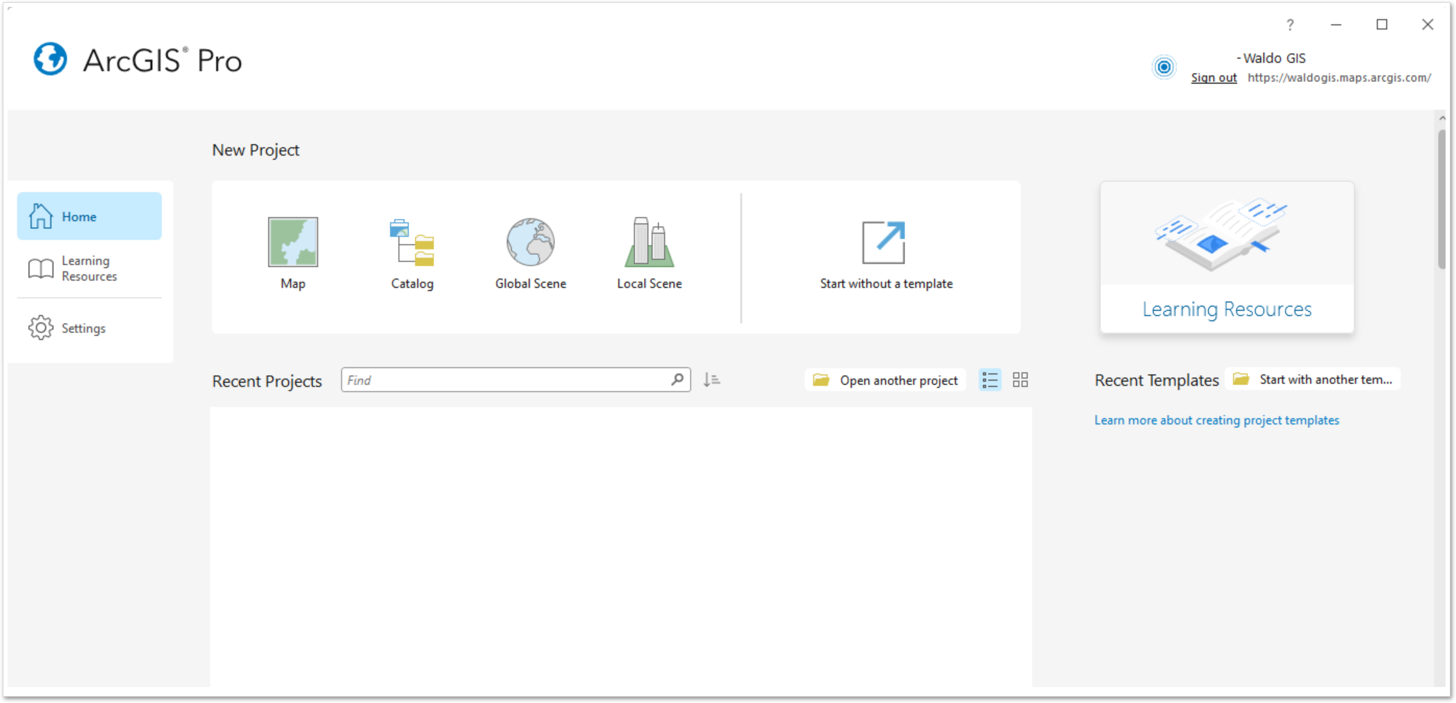 The ArcGIS Pro start page. Start without a template is beside the default project templates.