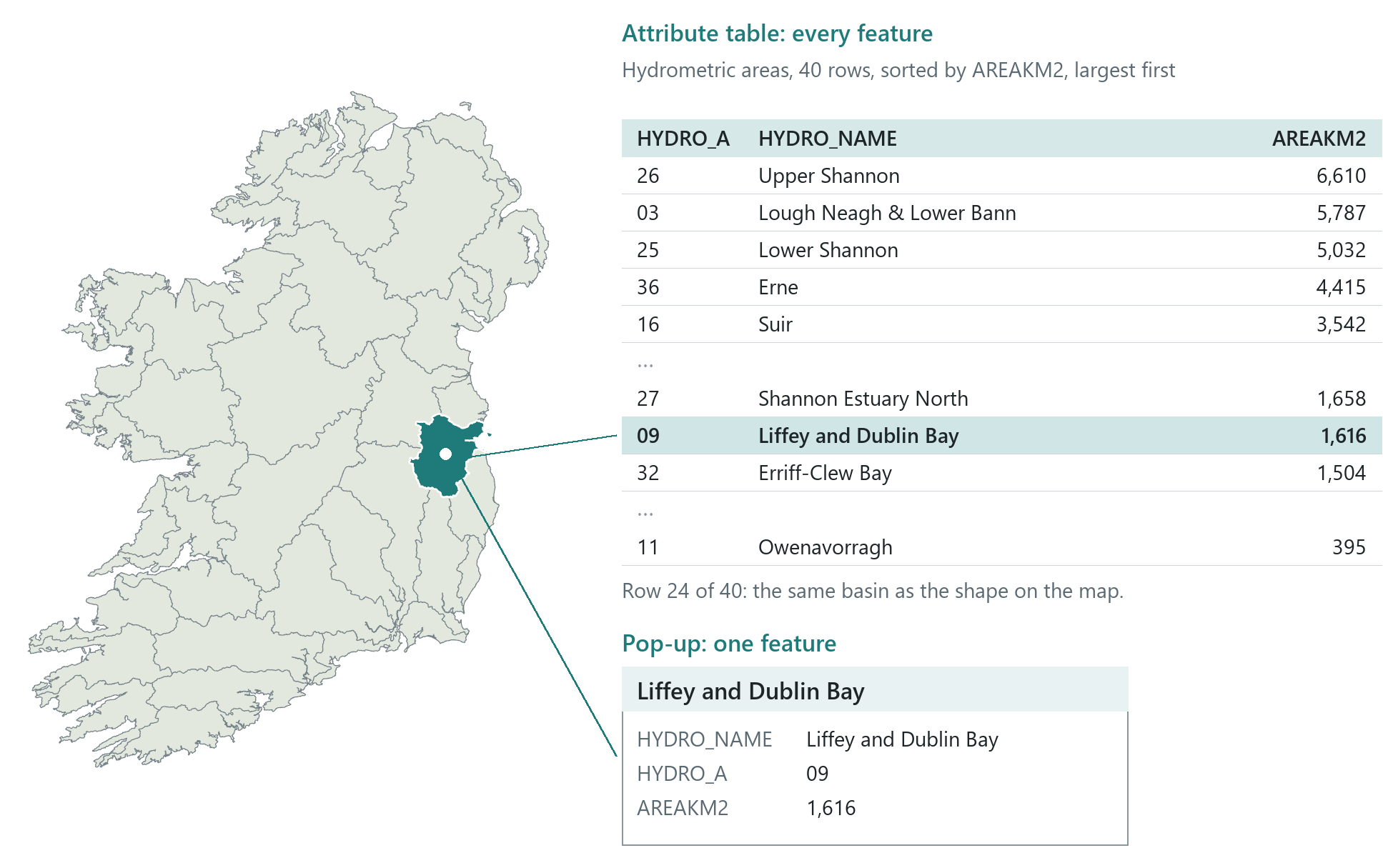 The same basin in a pop-up and in the attribute table. When you click the Liffey and Dublin Bay hydrometric area, its pop-up shows its name, code and area. In the attribute table, sorted by area, the same basin is row 24 of 40.