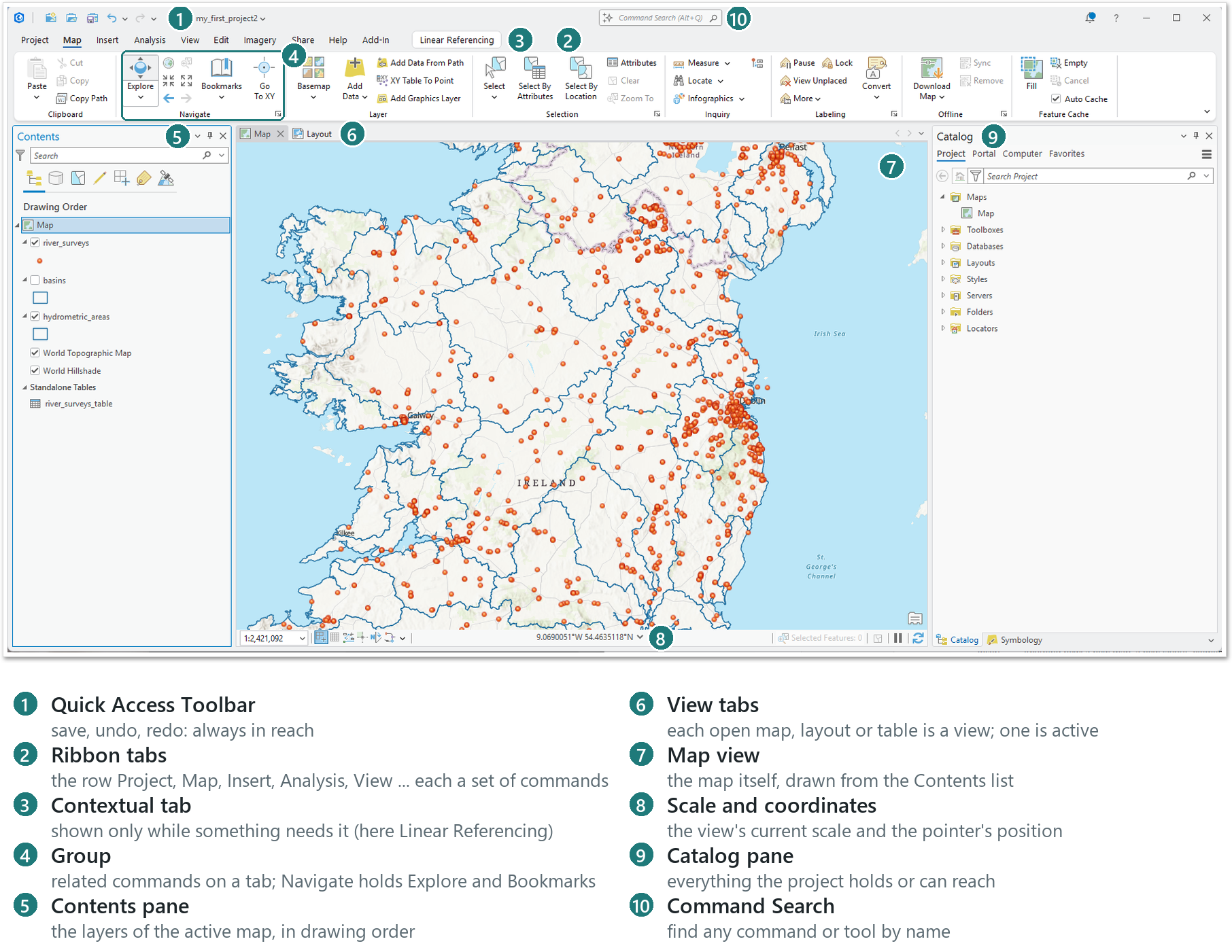 The ArcGIS Pro window with the Module 1 map open. The ribbon's tabs and groups run across the top, the Contents pane is on the left, the Catalog pane on the right and the map view in the middle, with a tab for each open map or layout. The numbers are explained in the key below the picture.