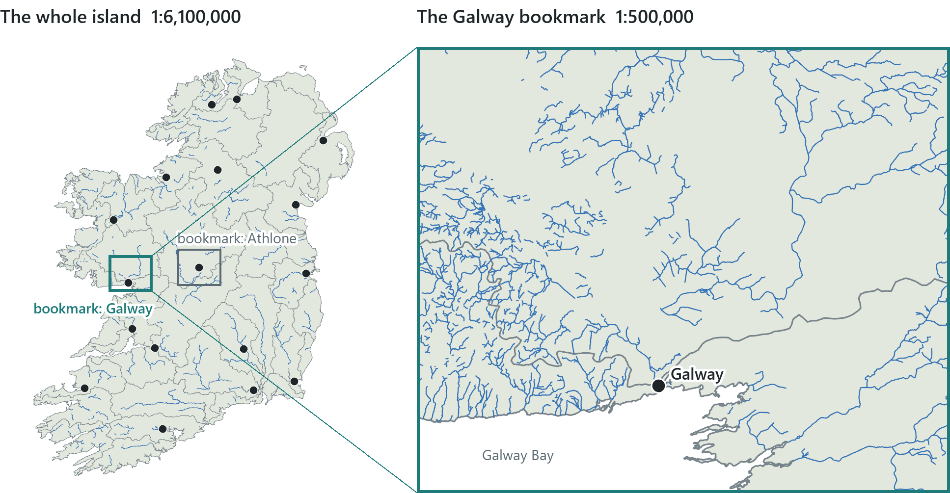 Two extents of the same map. On the left the whole island fits at about 1:6,100,000, with two saved extents drawn on it. On the right is the view that the Galway bookmark returns to, about 46 km across at 1:500,000. Both scales are true at the printed size.