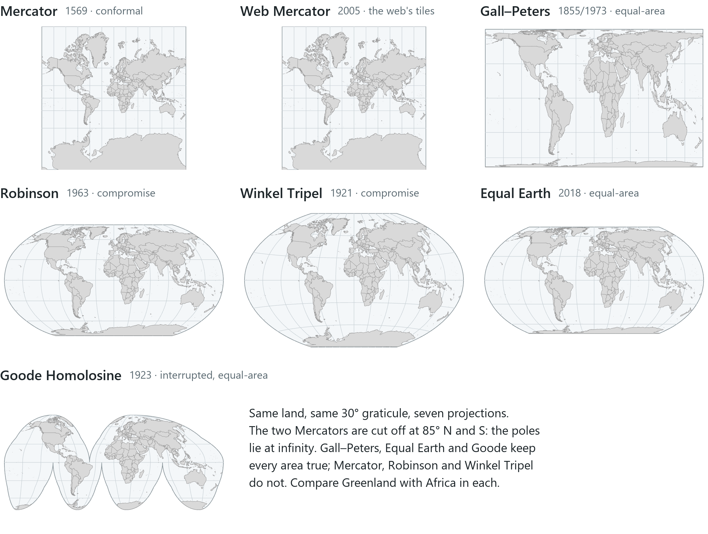Seven world projections from the same land and the same 30° graticule. The two Mercators are cut at 85° N and S because the poles lie at infinity; Gall–Peters, Equal Earth and Goode keep every area true, Mercator, Robinson and Winkel Tripel do not.