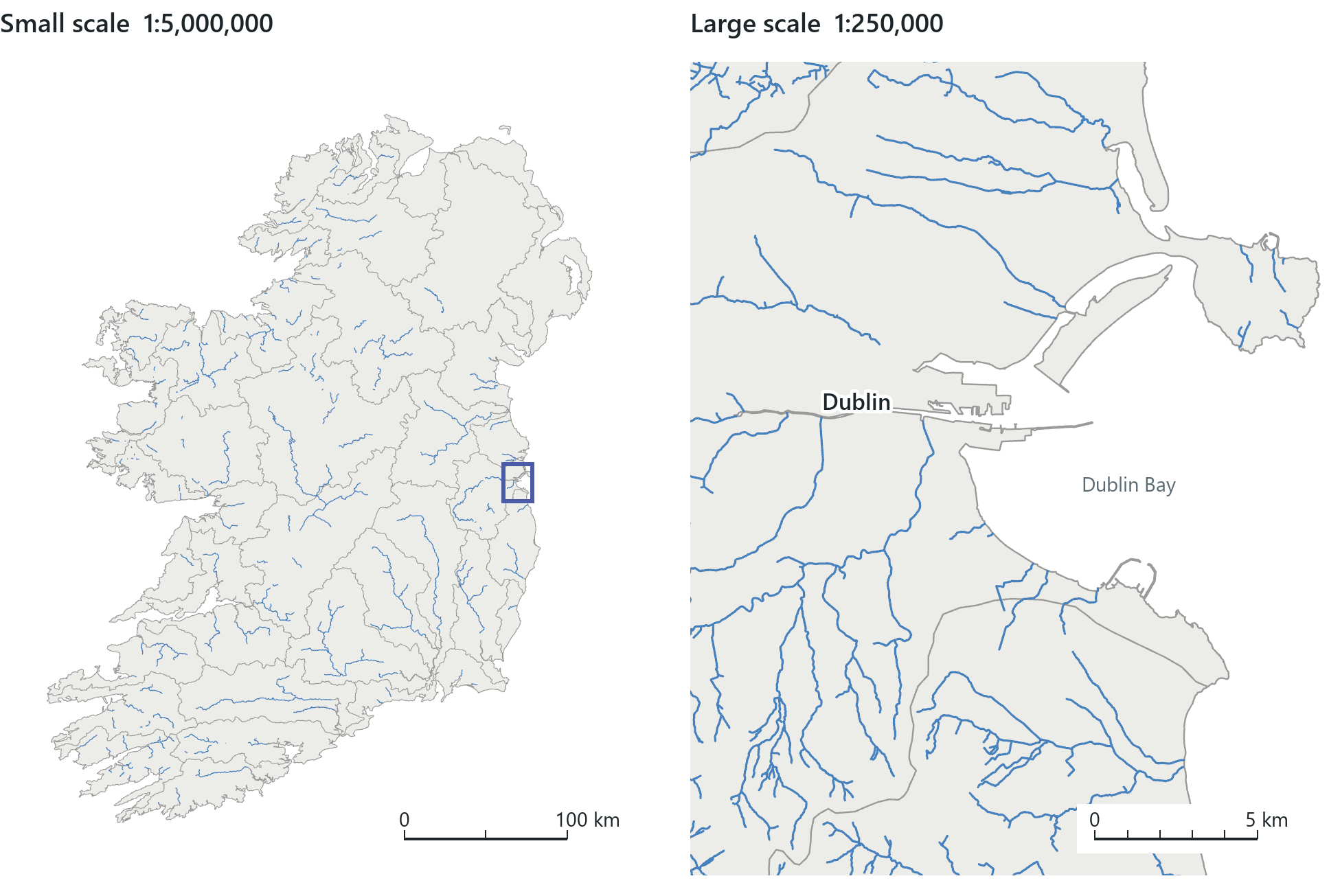 The same Irish river basins and rivers at two scales. At 1:5,000,000 all of Ireland fits and only the larger rivers can be shown; at 1:250,000 the box around Dublin fills the frame and every stream appears. Scale bars are true at the printed size.