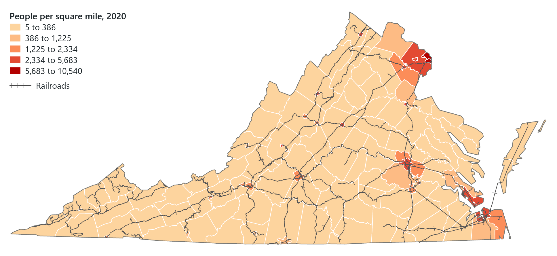 Virginia's 133 counties and independent cities shaded by people per square mile in five classes of one hue, pale for the sparsest and dark for the most crowded, with the railroads drawn over them and a legend. It is the finished thematic map whose choices of rate, scheme and classes this chapter explains.