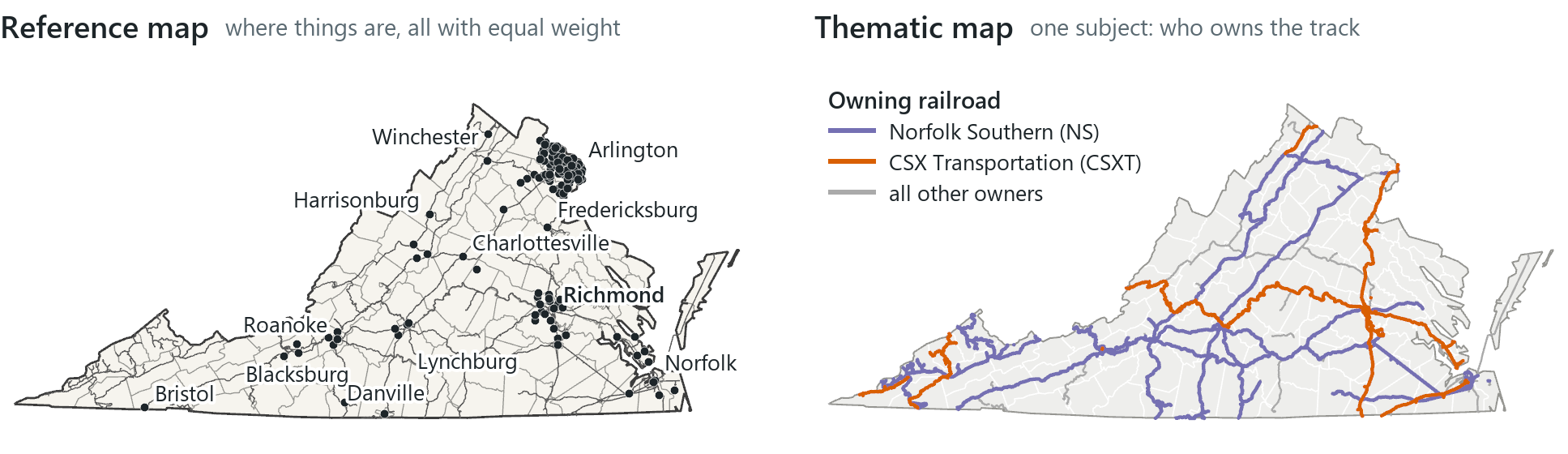 Virginia as a reference map and as a thematic map. The reference map gives counties, railroads and places equal weight and names the main cities. The thematic map has one subject, which company owns each railroad, and shows everything else in pale grey.