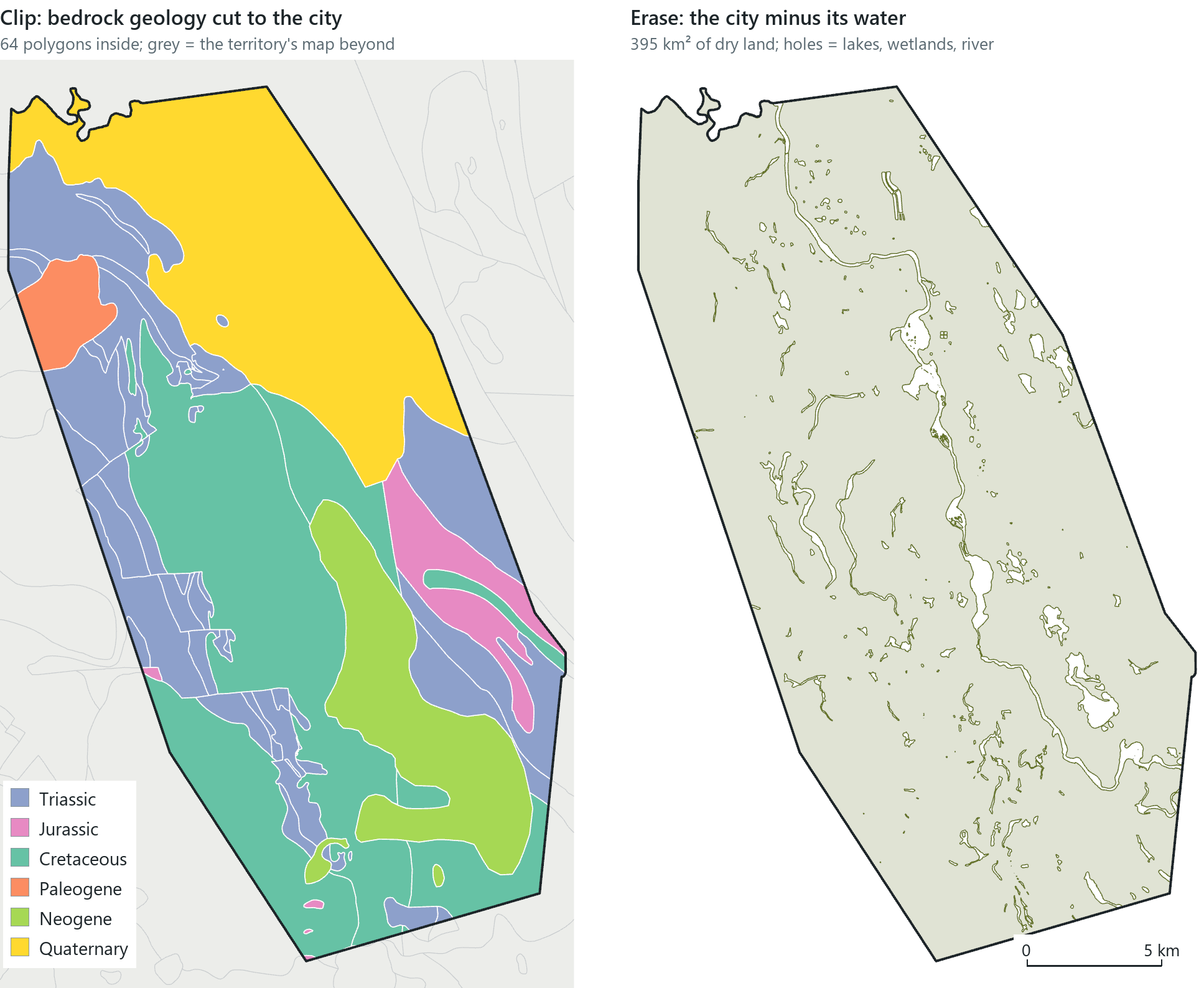 Clip and erase on Whitehorse. Left: the territory's bedrock geology clipped to the city boundary, the pieces coloured by geological period. Right: the city with its water erased, the holes where lakes, wetlands and the river were.