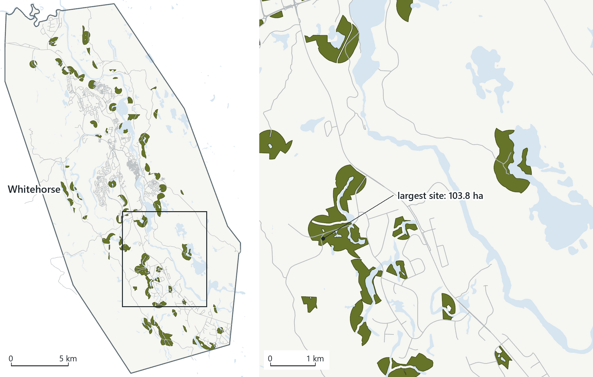 Whitehorse, Yukon, with its roads and water, shown whole beside a close-up of the area where 97 candidate campground sites cluster, the largest labelled with its area. The sites are the answer of a chain of eight tools, the site-selection model this chapter builds.