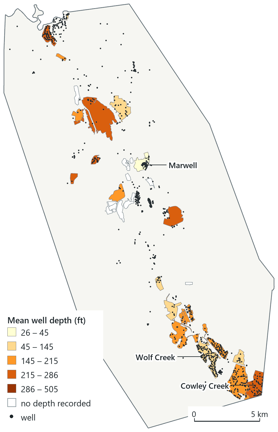 A summarized join: the city's subdivisions shaded by the mean depth of the wells inside them (natural breaks), with the wells on top.