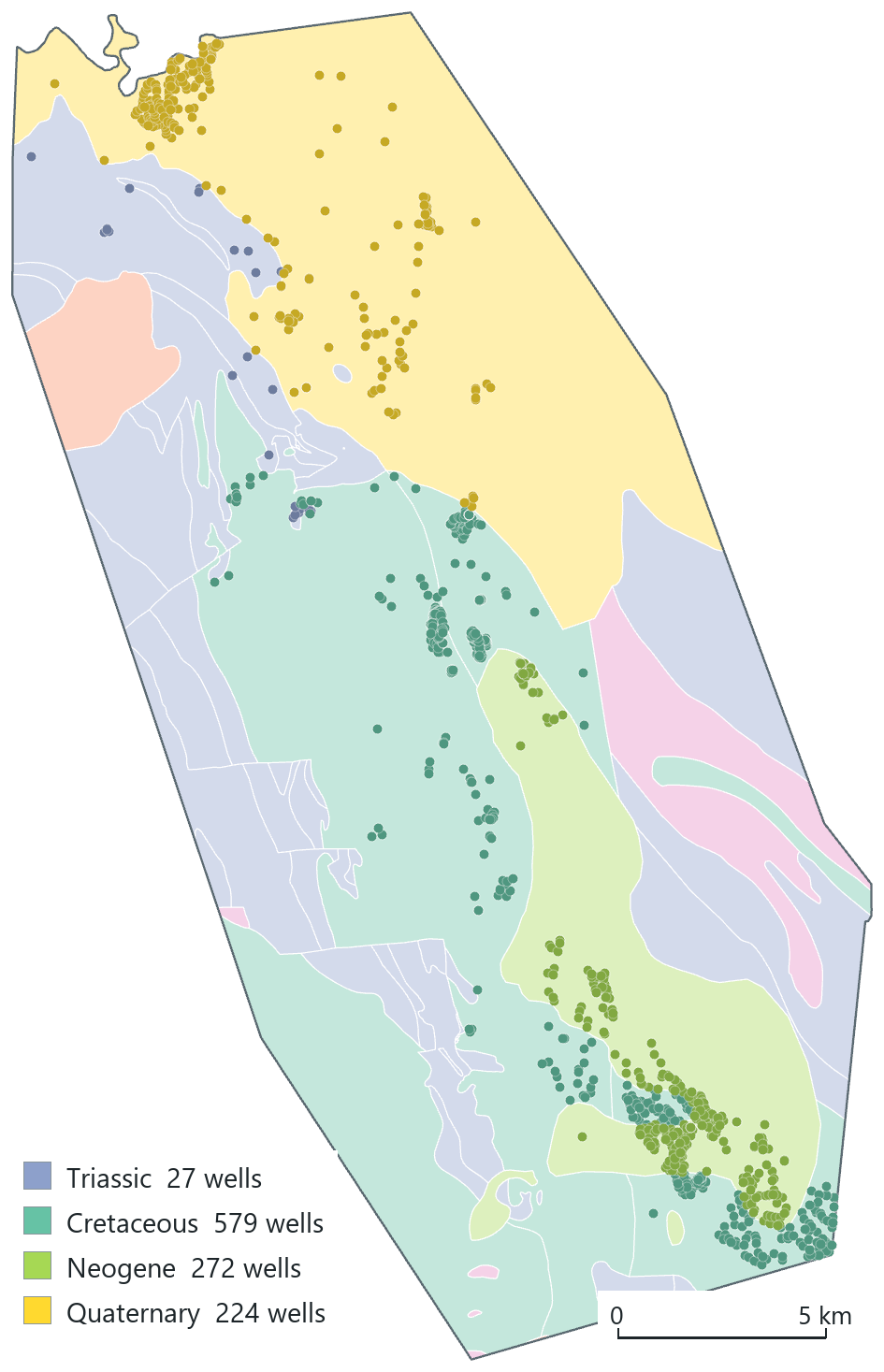 A simple join: each of the 1,102 wells coloured by the geological period it took from the rock beneath it.