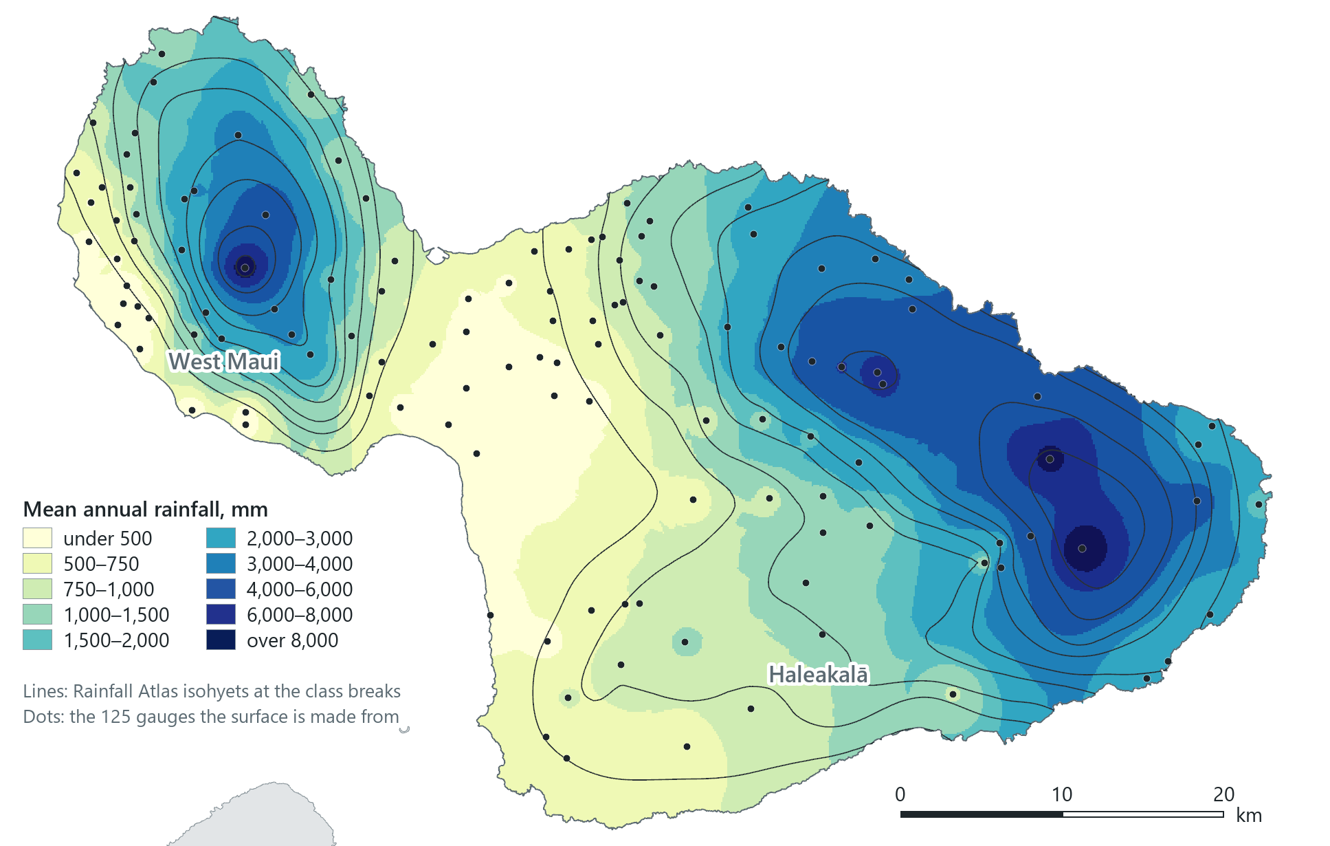 Maui's mean annual rainfall as a continuous surface interpolated by inverse distance weighting from 125 rain gauges, wet on the windward slopes and dry on the leeward coasts, with the Rainfall Atlas's isohyets drawn over it for comparison.