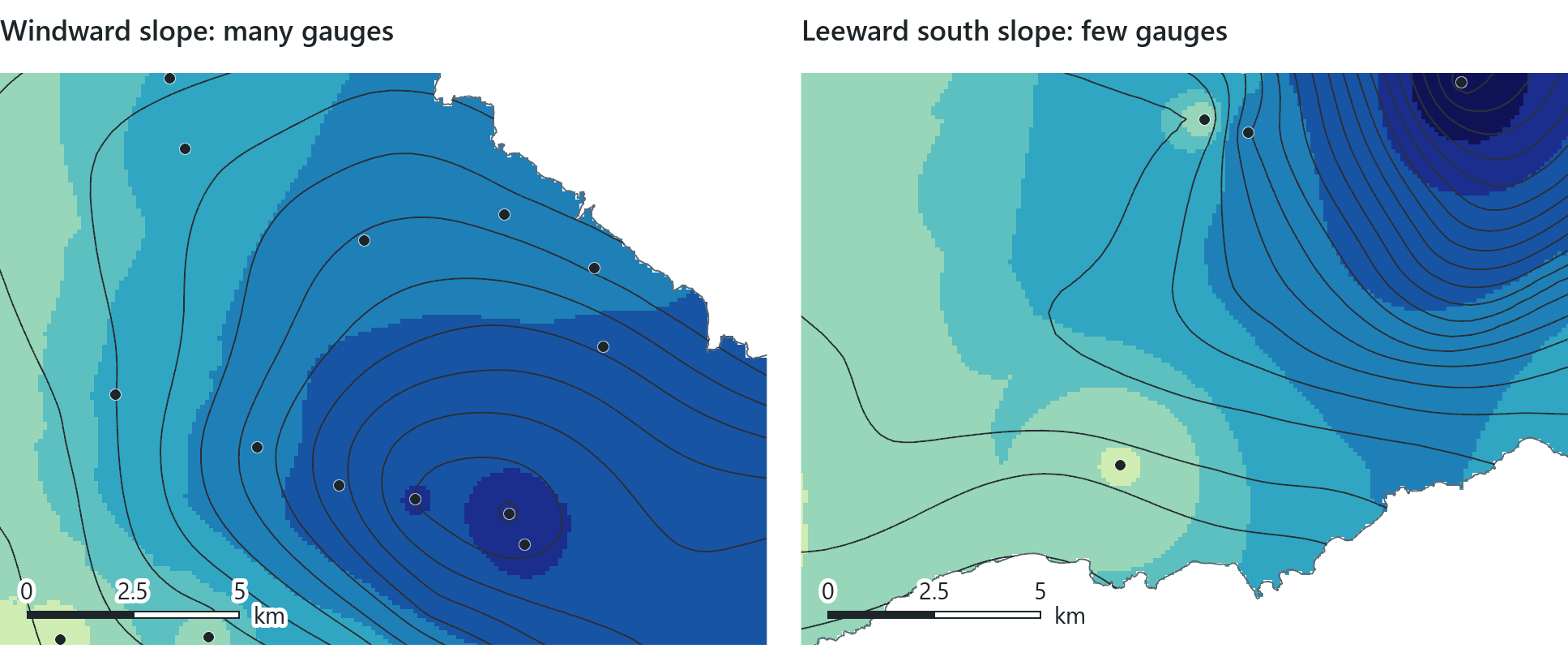 Two enlarged areas of the same surface with every Atlas isohyet drawn. On the windward slope (14 gauges in the area) the lines follow the colour bands. On the leeward south slope (4 gauges) they cross the bands, because the Atlas shaped its lines to follow the mountain where there are no gauges.