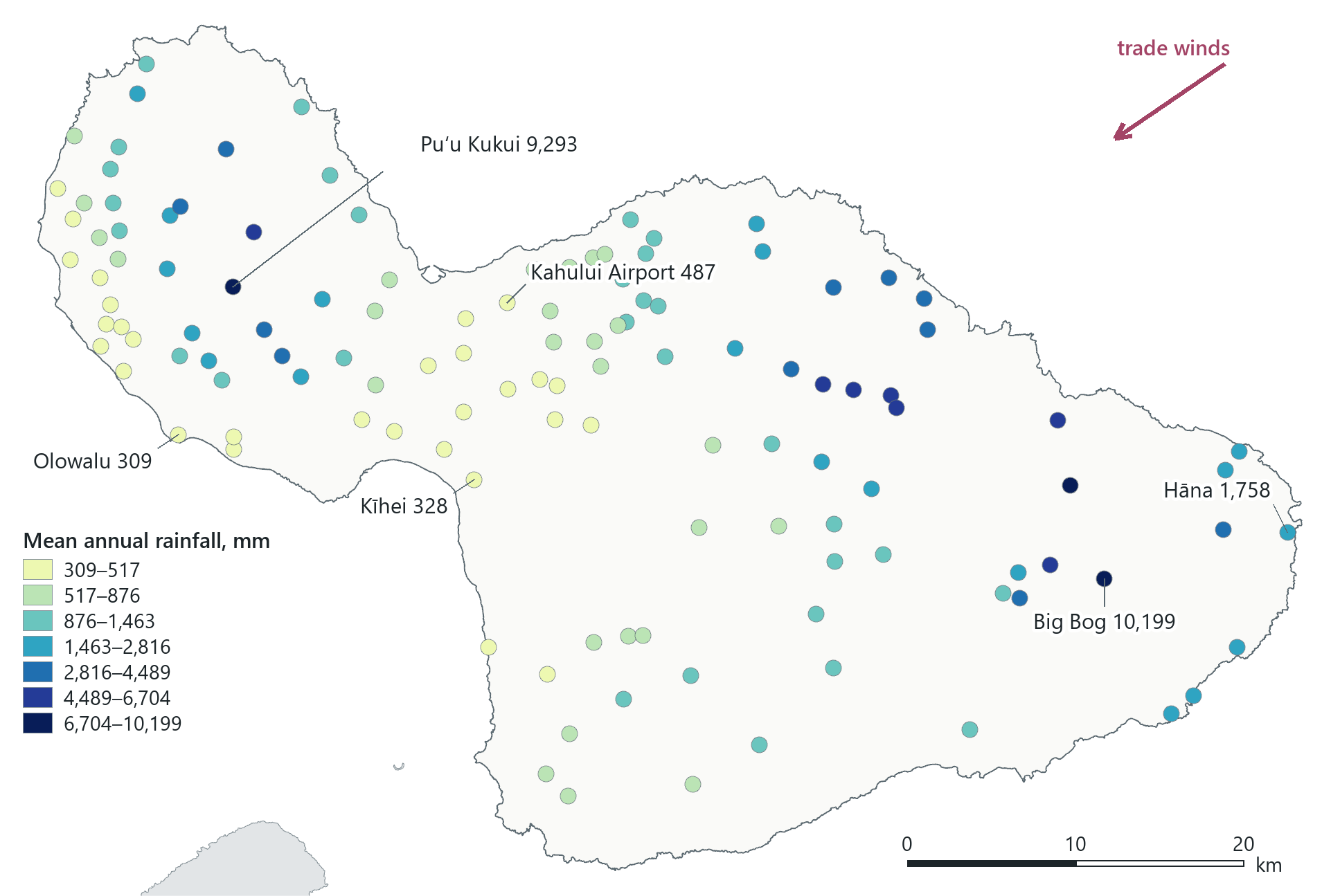 Maui's 125 rain gauges, coloured by mean annual rainfall (1978–2007) in seven natural-breaks classes. Wet gauges lie beside other wet gauges on the windward slopes of both mountains, and dry gauges beside other dry gauges on the leeward coasts. No gauge recording 10,000 mm is next to one recording 300 mm.