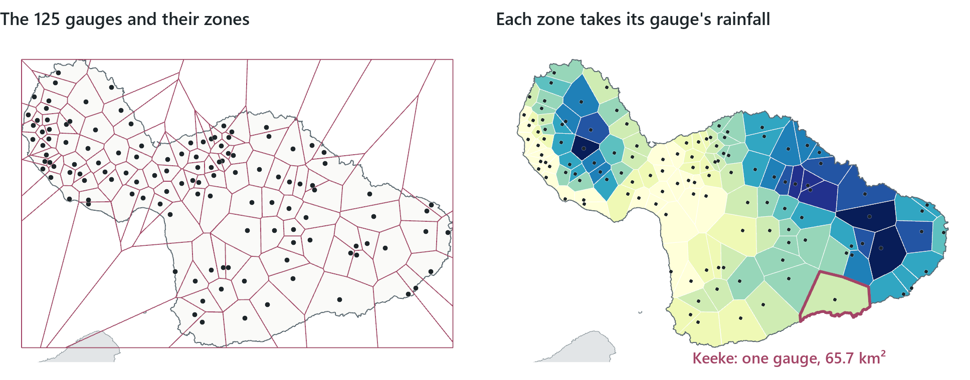 From 125 gauges to 125 zones. Left, the Thiessen edges, drawn out to the rectangle around the island. Right, the zones clipped to the coast and coloured by their gauge's rainfall, in the same classes as the opening map. Keeke's zone, on the dry south slope, covers 65.7 km² and is represented by a single gauge.