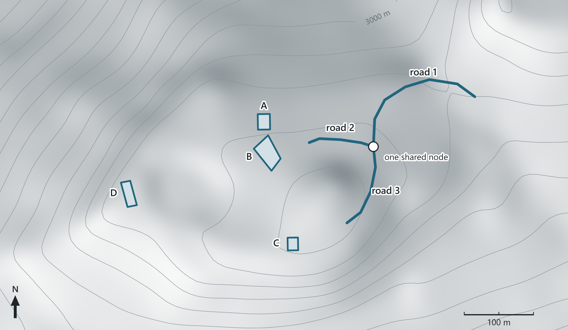 The Haleakalā summit observatories over shaded relief, with three hand-traced road lines that meet at one shared node and four traced roofs: data made by clicking each vertex on screen.