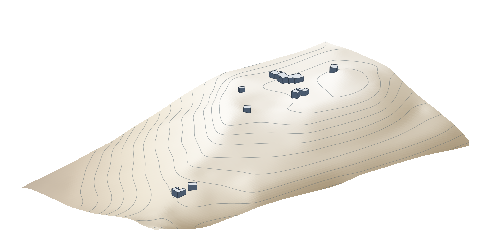 The Haleakalā summit drawn in three dimensions from the state's 10 m elevation model, with eight building footprints raised 10 m each into blocks that stand on the ground surface.