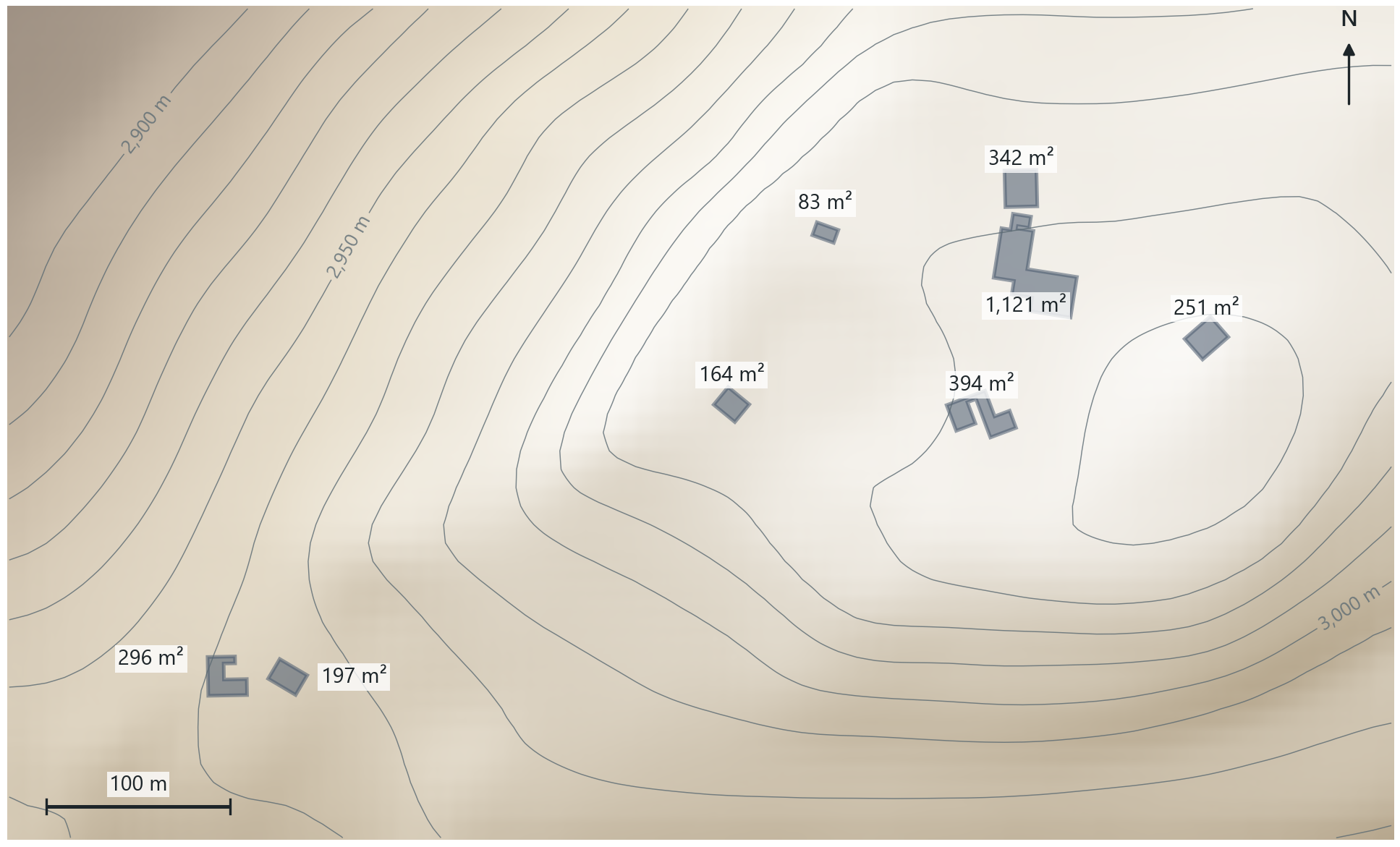 The eight USA Structures footprints at the Haleakalā summit, with their areas, over the state's 10 m DEM (contours every 10 m). The main cluster stands on the summit plateau at about 3,025 to 3,050 m; two buildings sit some 60 m lower on the western slope.