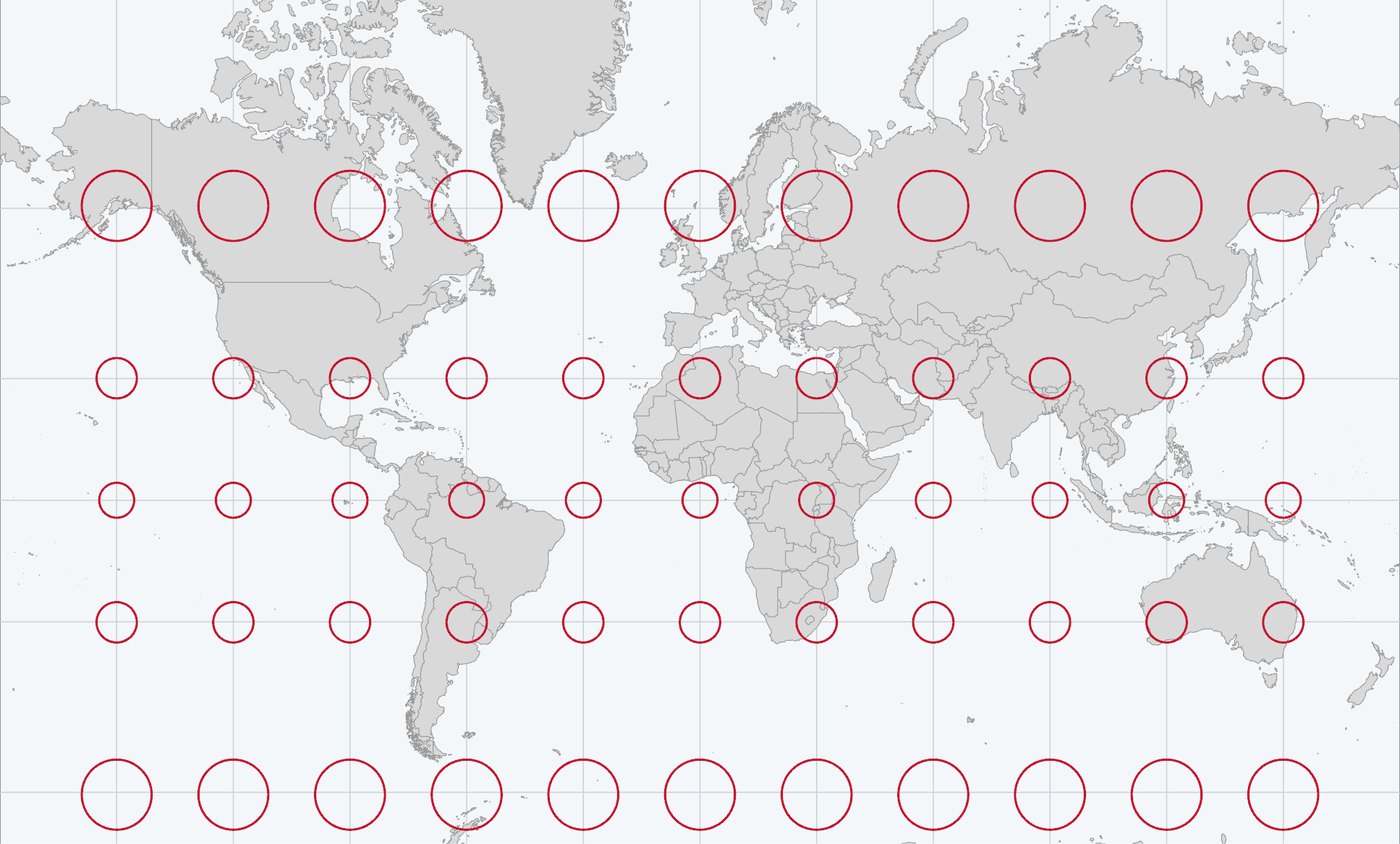 World map in the Mercator projection with equal-size circles showing distortion