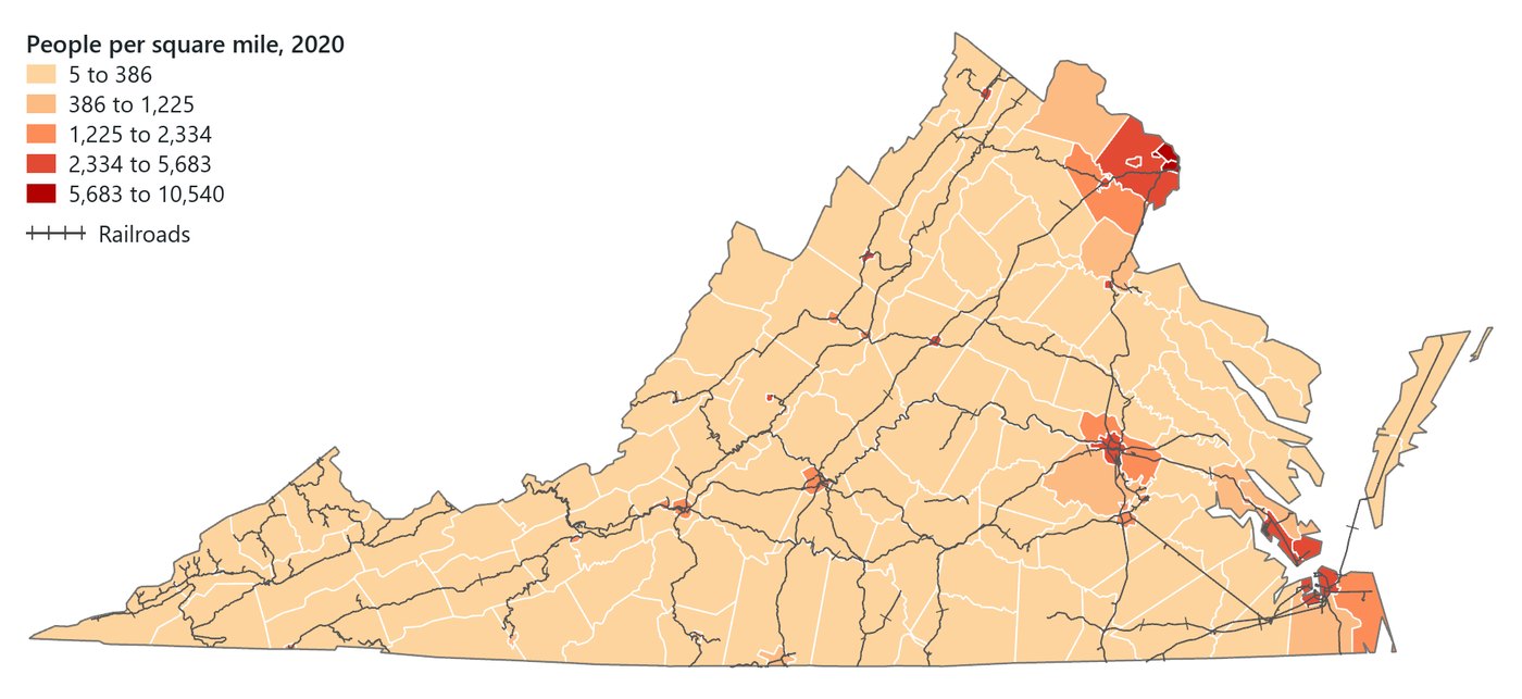 Virginia counties shaded by people per square mile, with railroads