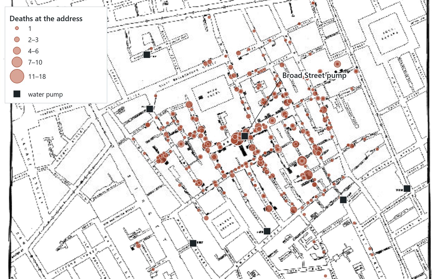 John Snow's 1855 map of Soho with cholera deaths sized by count and the Broad Street pump