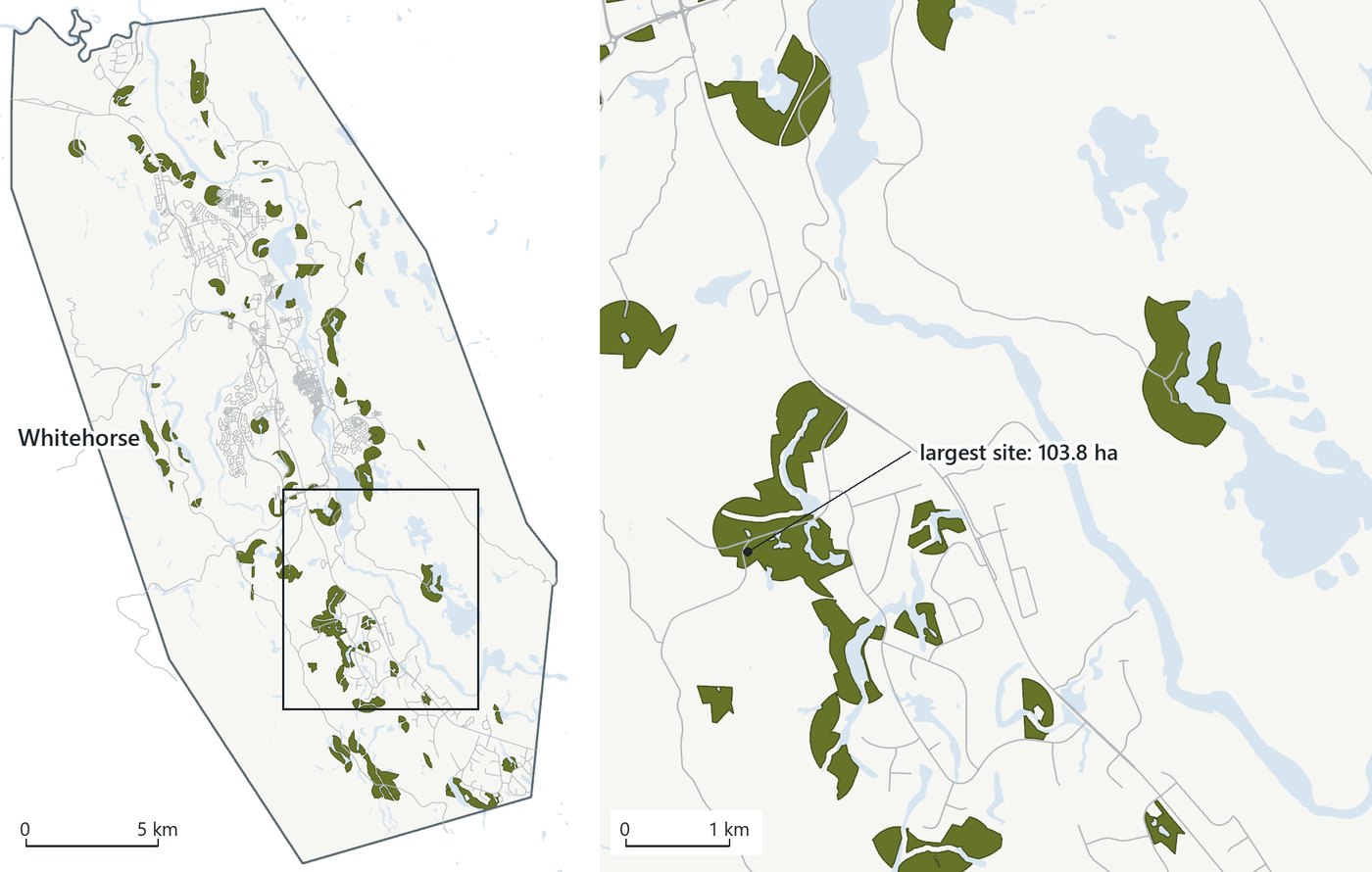 Candidate campground sites around Whitehorse, Yukon, with a detail inset